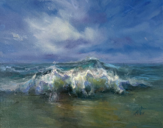 August storm. Summer memories series, 20x25.5 cm, original seascape oil painting