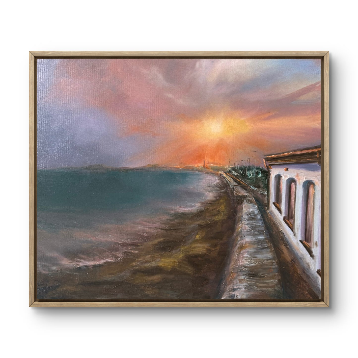 Sunset seascape featuring white beach cafe in floater frame.