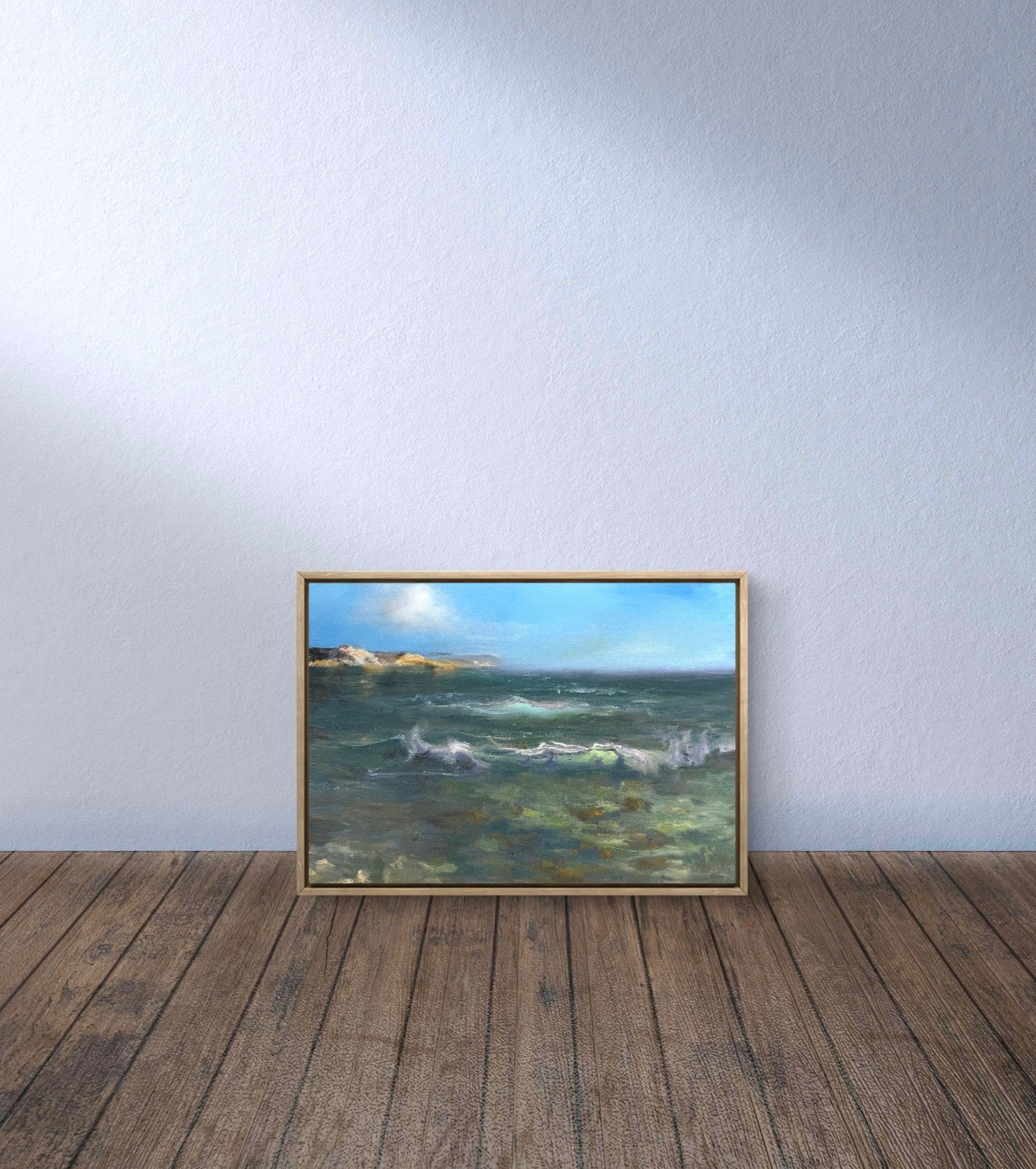 Sea oil painting, framed, featuring clear water, lazy rolling waves, stony sea bottom.