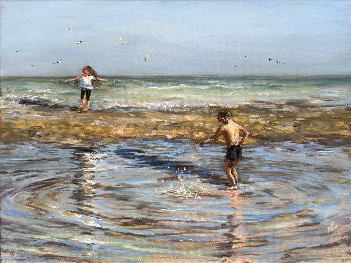 Dancing with Seagulls, 30x40cm, linen, original oil painting, seascape