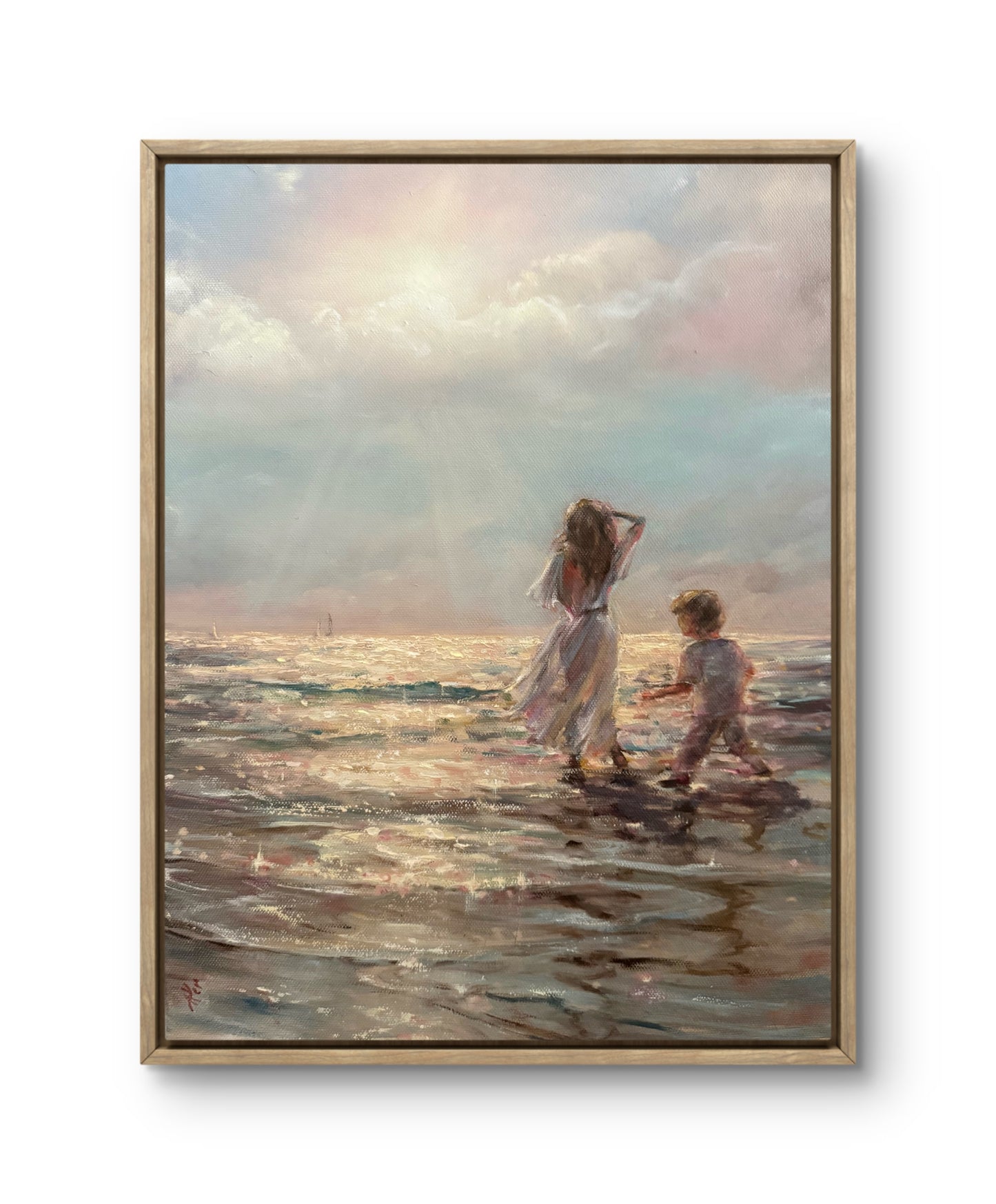 framed sea scene seascape featuring a boy and a girl overlooking ocean.