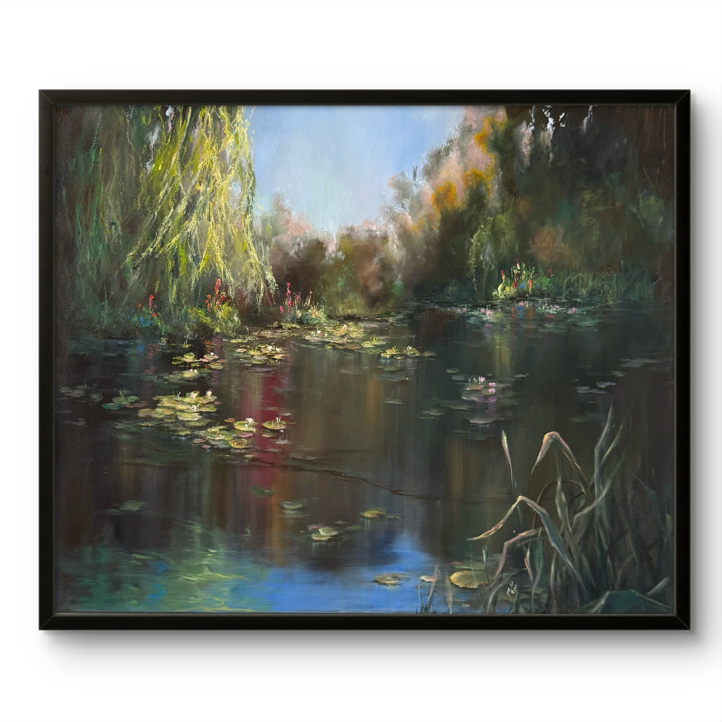 Under the willows, 50x60 cm, original oil on canvas landscape painting