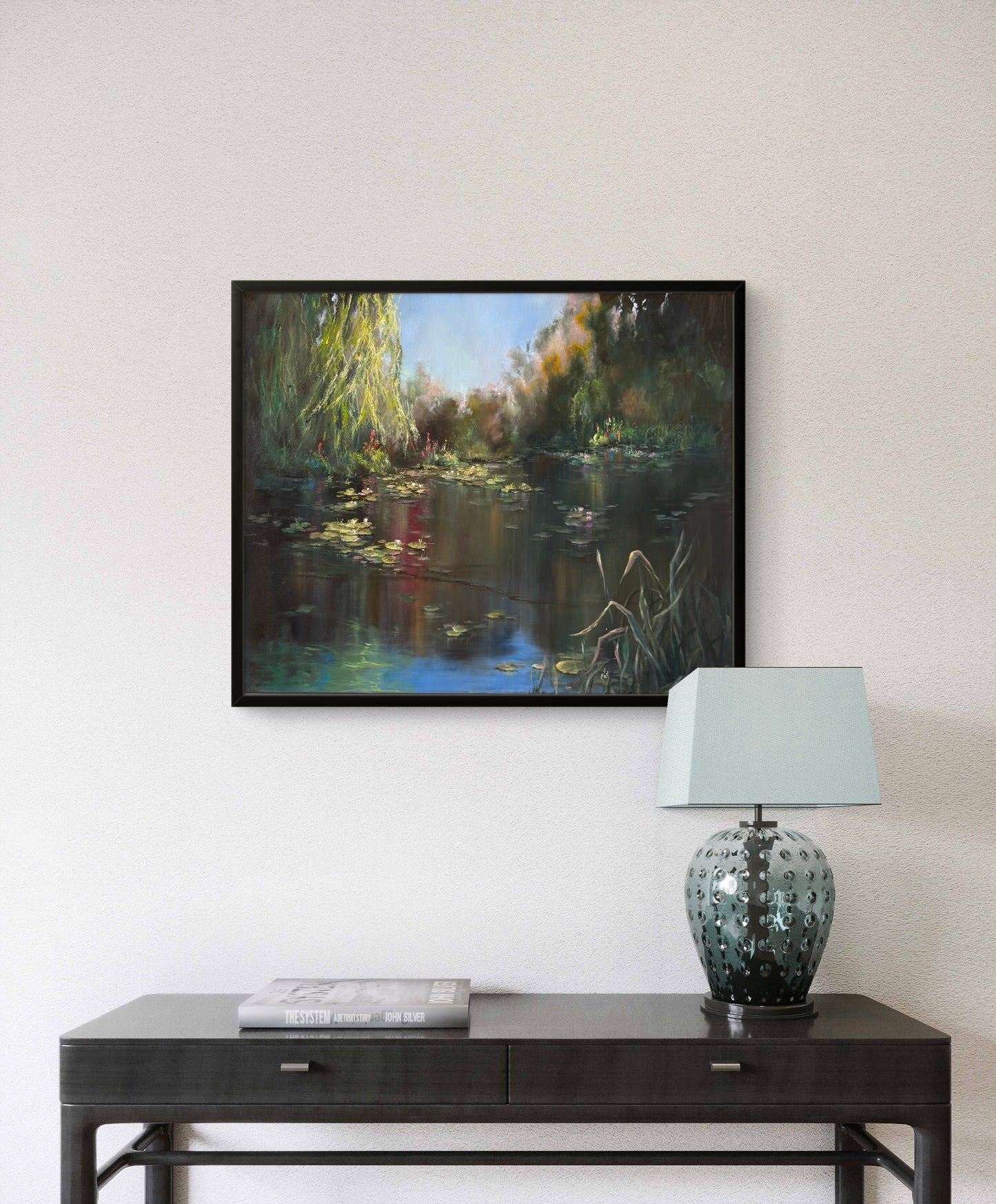 Under the willows, 50x60 cm, original oil on canvas landscape painting