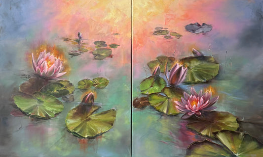 Diptych painting of water lilies at sunrise with a colourful sunlight reflections at background