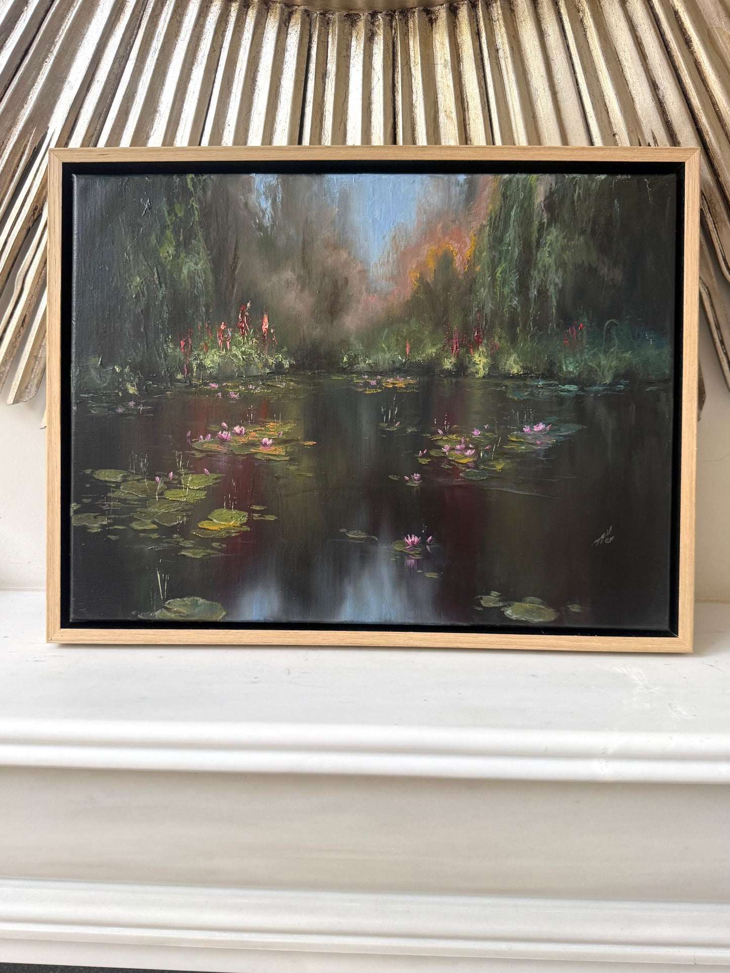 Secluded Garden, 30x40 cm, original oil on linen lily pond painting