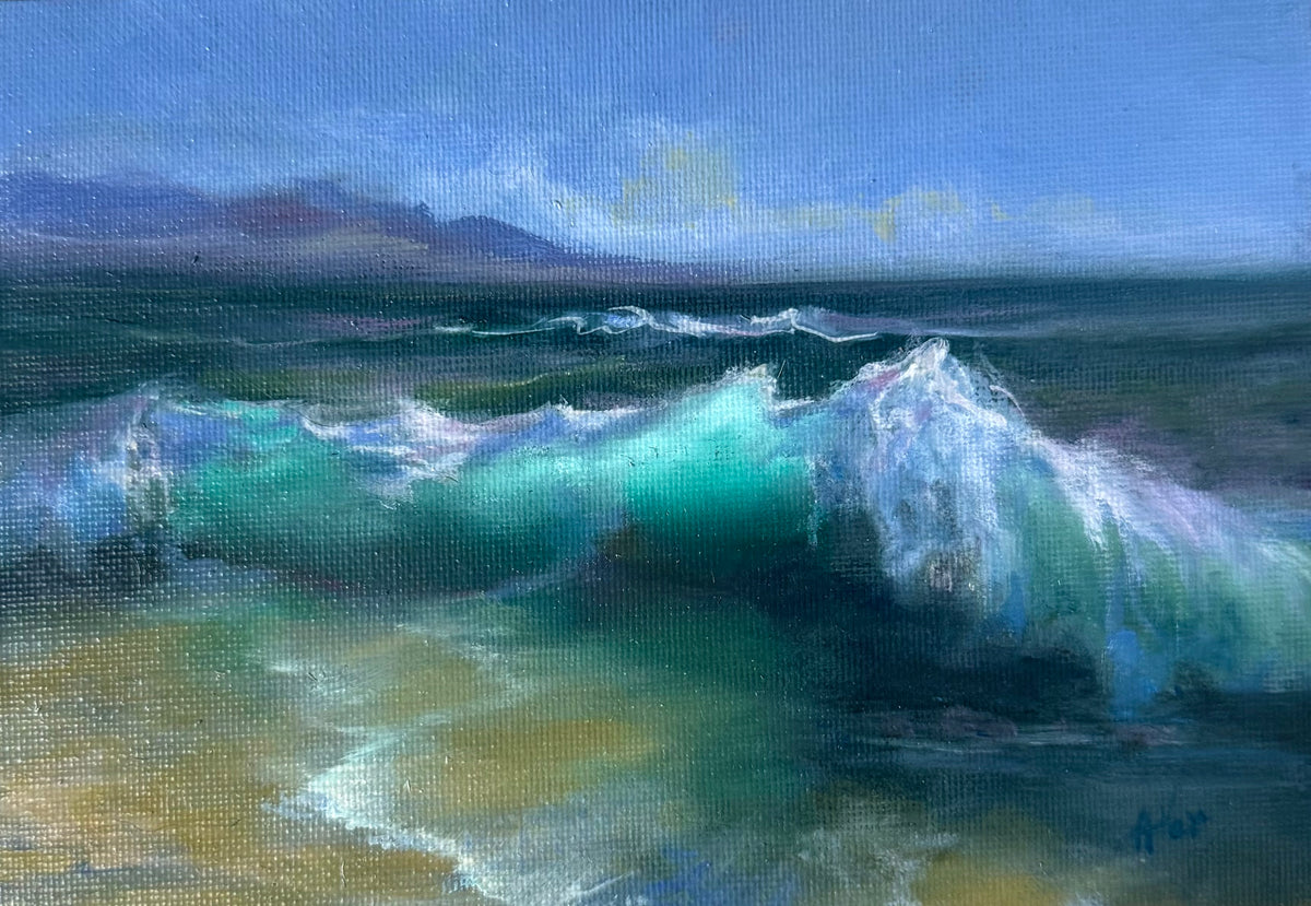 An impressionistic painting of ocean waves rolling onto a sandy shore under a blue sky, with mountains faintly visible in the distance.