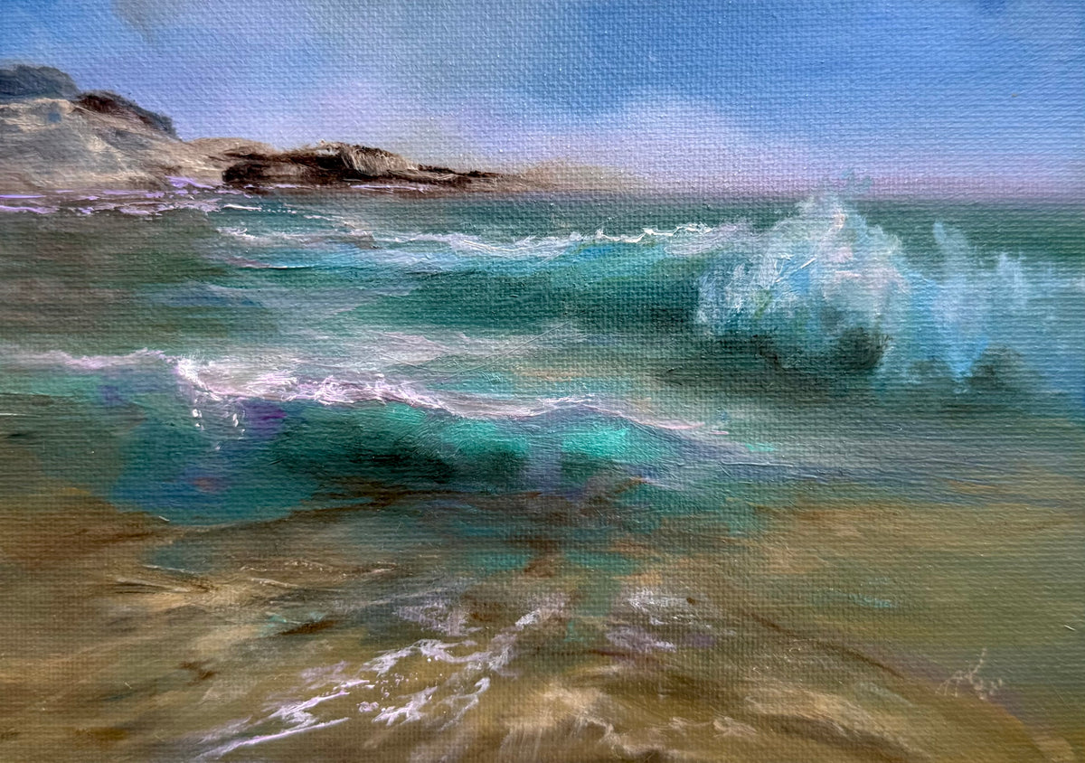 An impressionistic painting of ocean waves breaking near a rocky shoreline under a blue sky, with visible canvas texture and blended teal, aqua, brown, white, and blue tones.