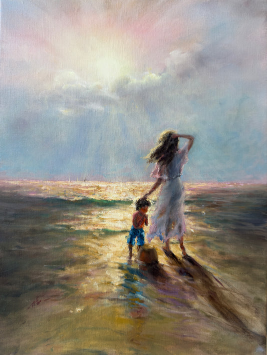 Those moments we all cherish. Summer by the beach.  Original oil painting, seascape