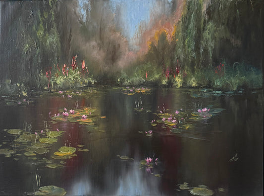 Secluded Garden, 30x40 cm, original oil on linen lily pond painting