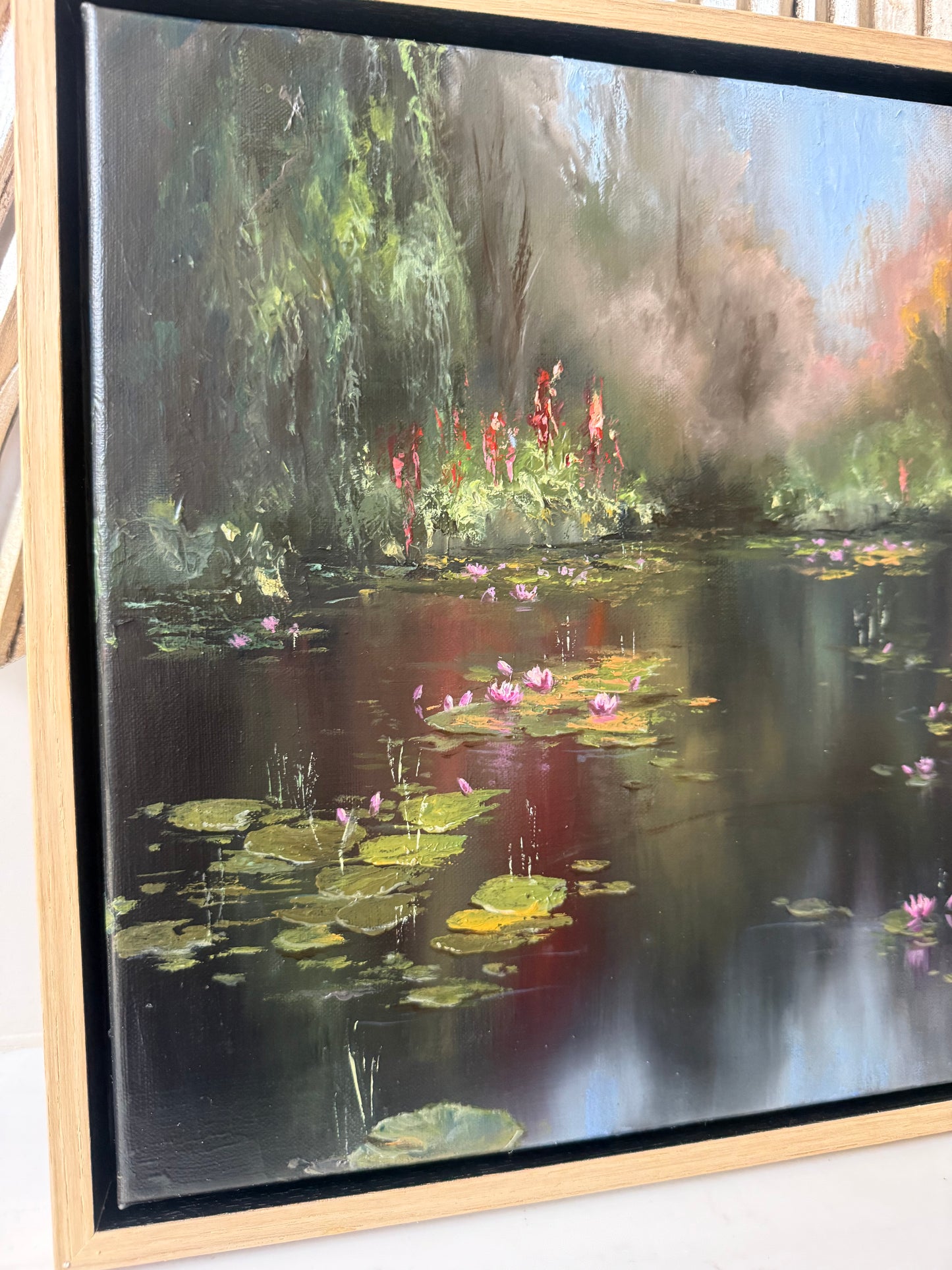 Secluded Garden, 30x40 cm, original oil on linen lily pond painting