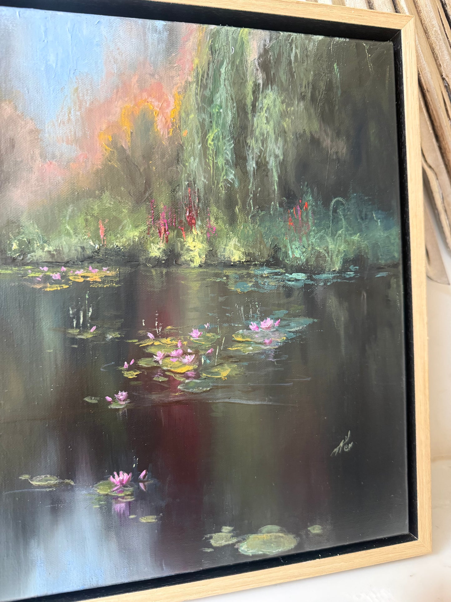Secluded Garden, 30x40 cm, original oil on linen lily pond painting