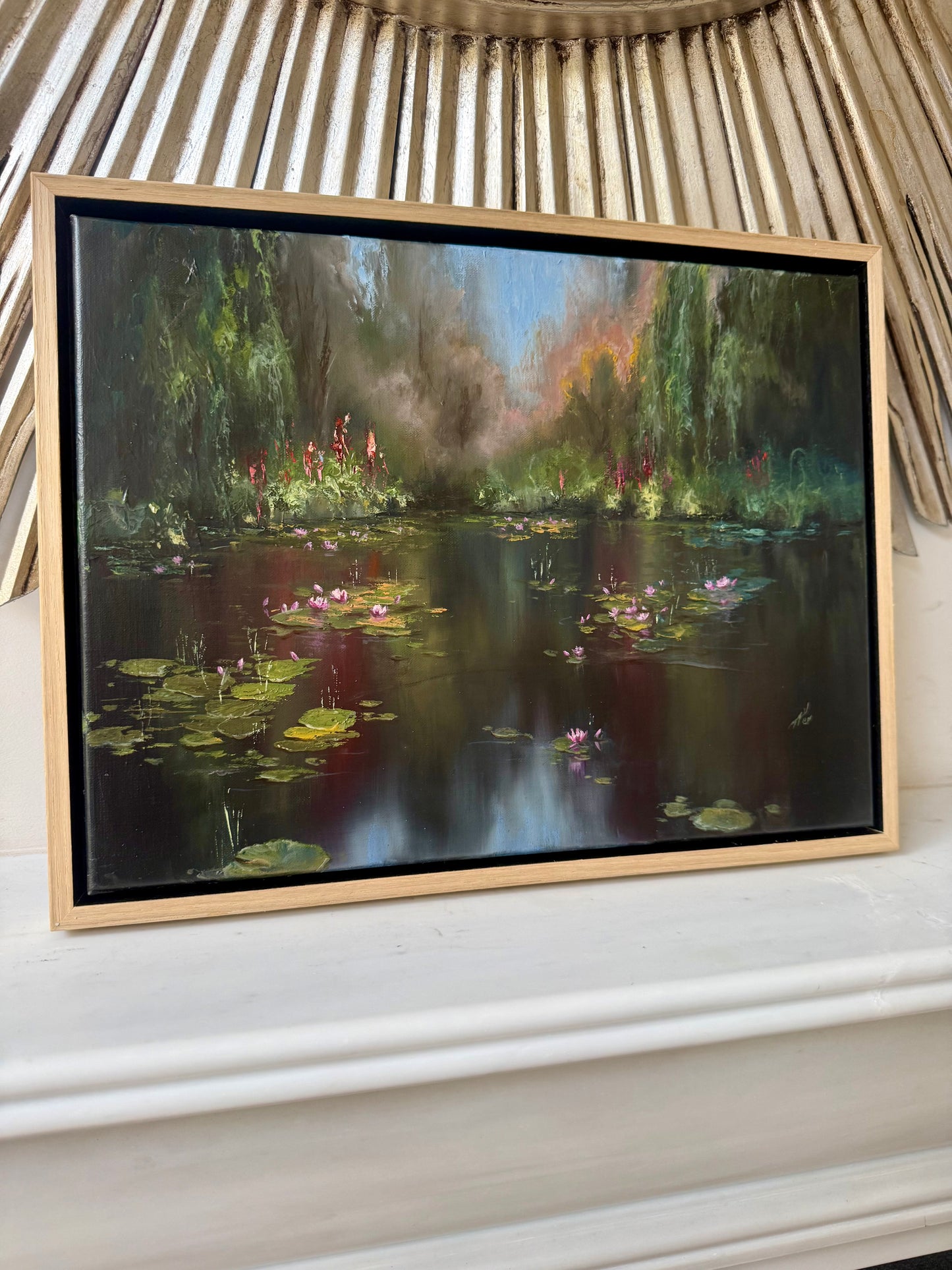 Secluded Garden, 30x40 cm, original oil on linen lily pond painting