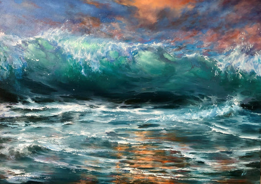 sunset over the stormy sea original oil painting