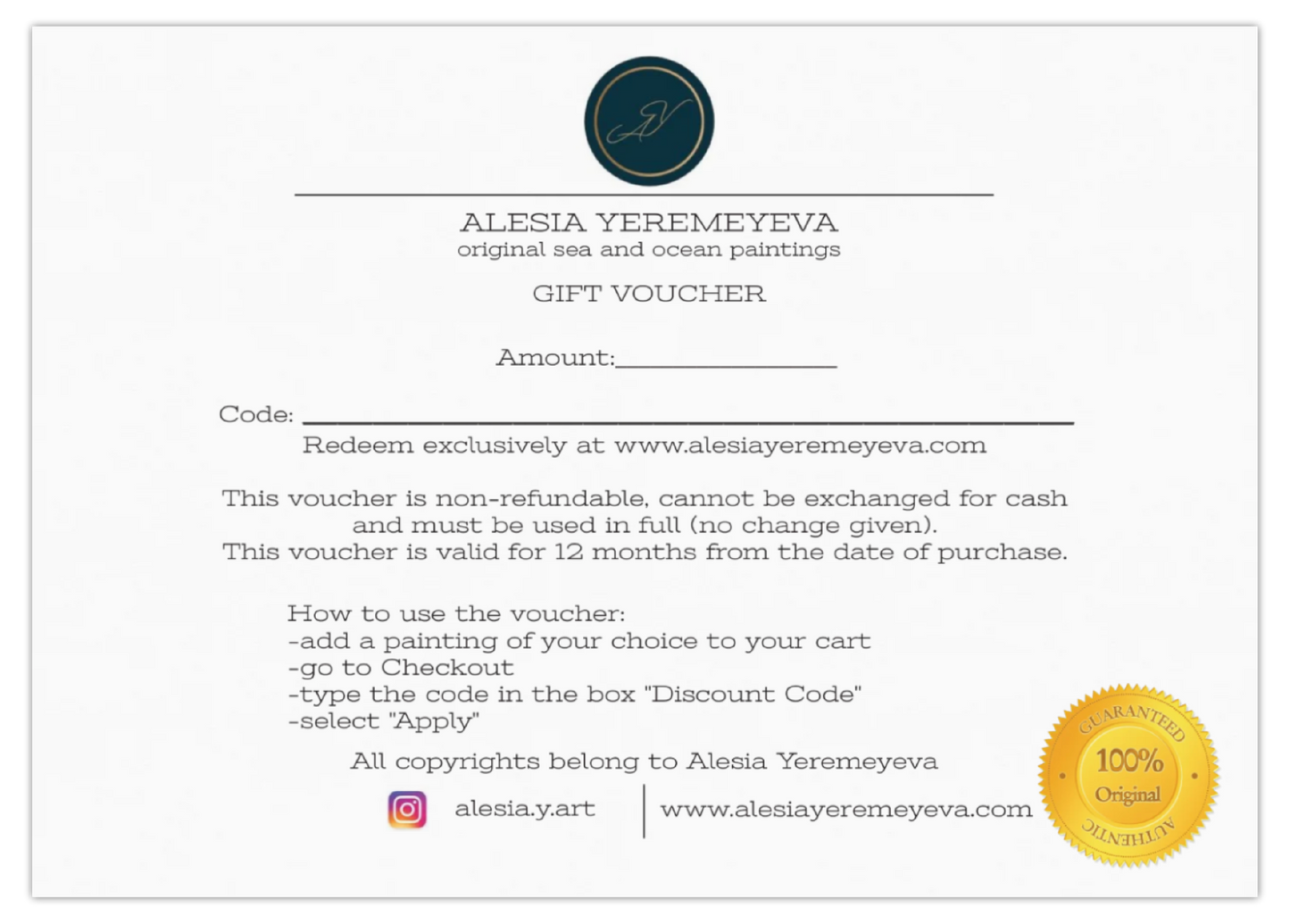 GIFT VOUCHER - for Alesia Yeremeyeva oil paintings