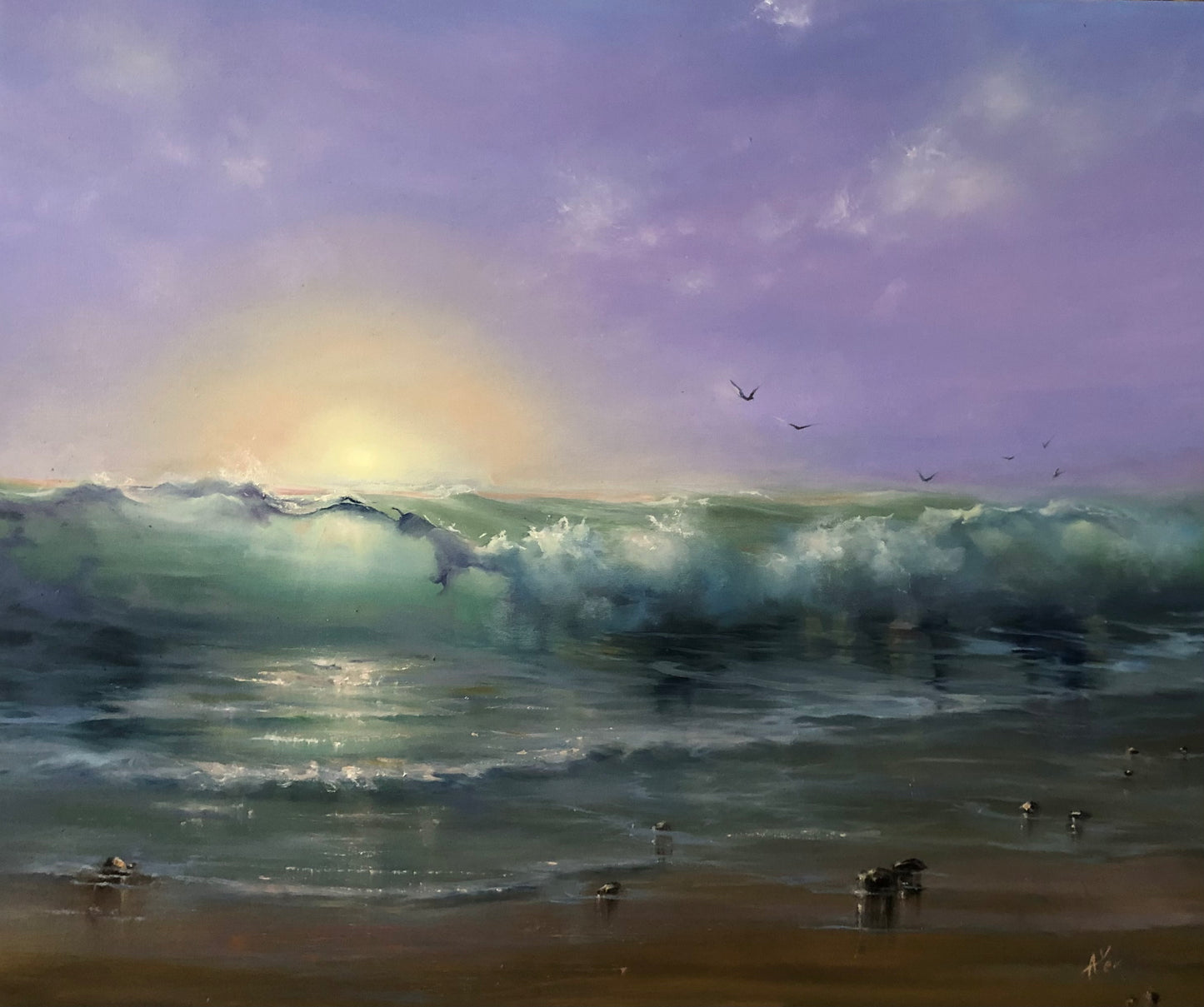 sunrise over the clear wave oil painting