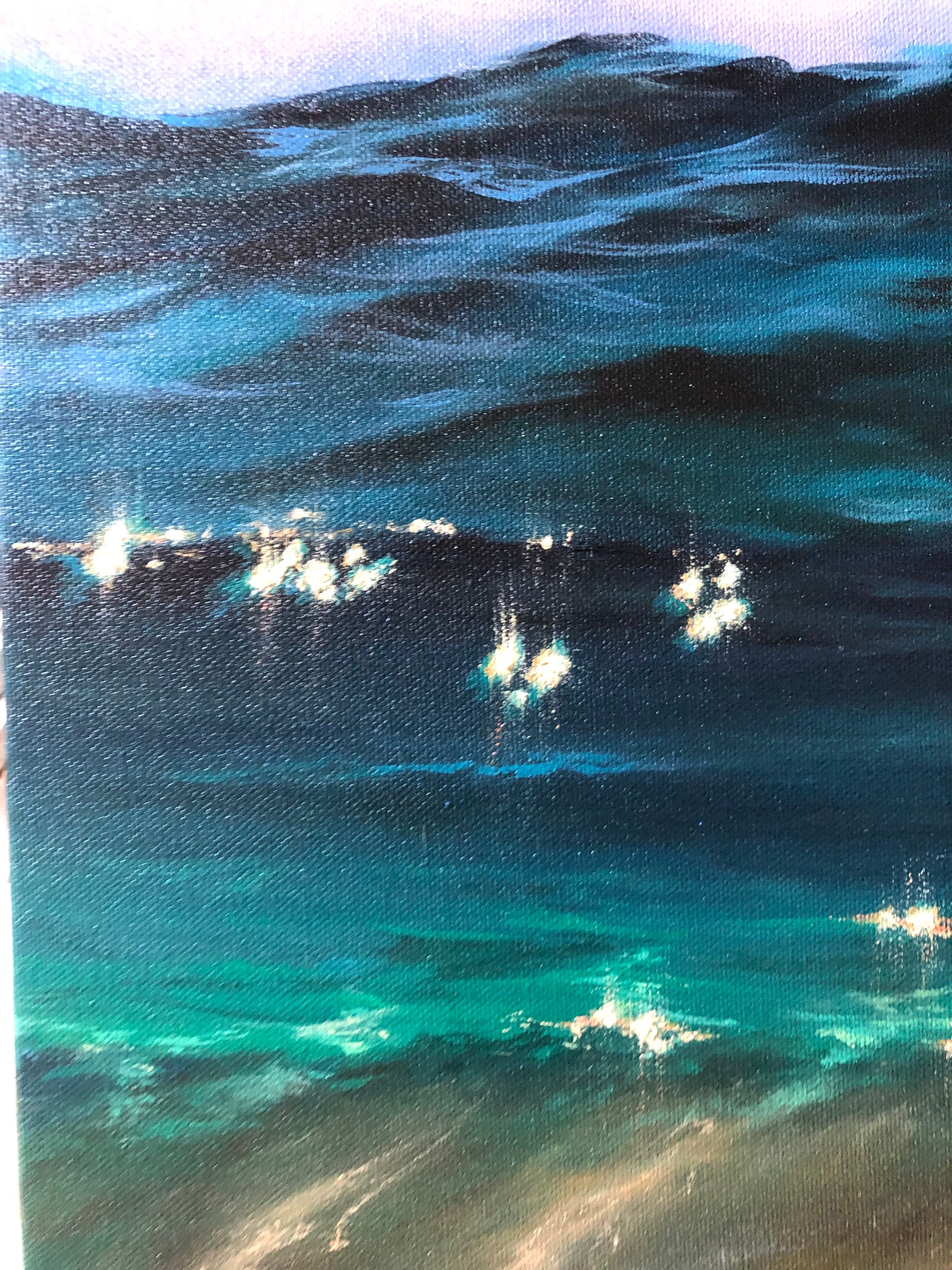 sunlight sparkles on seawaves oil painting