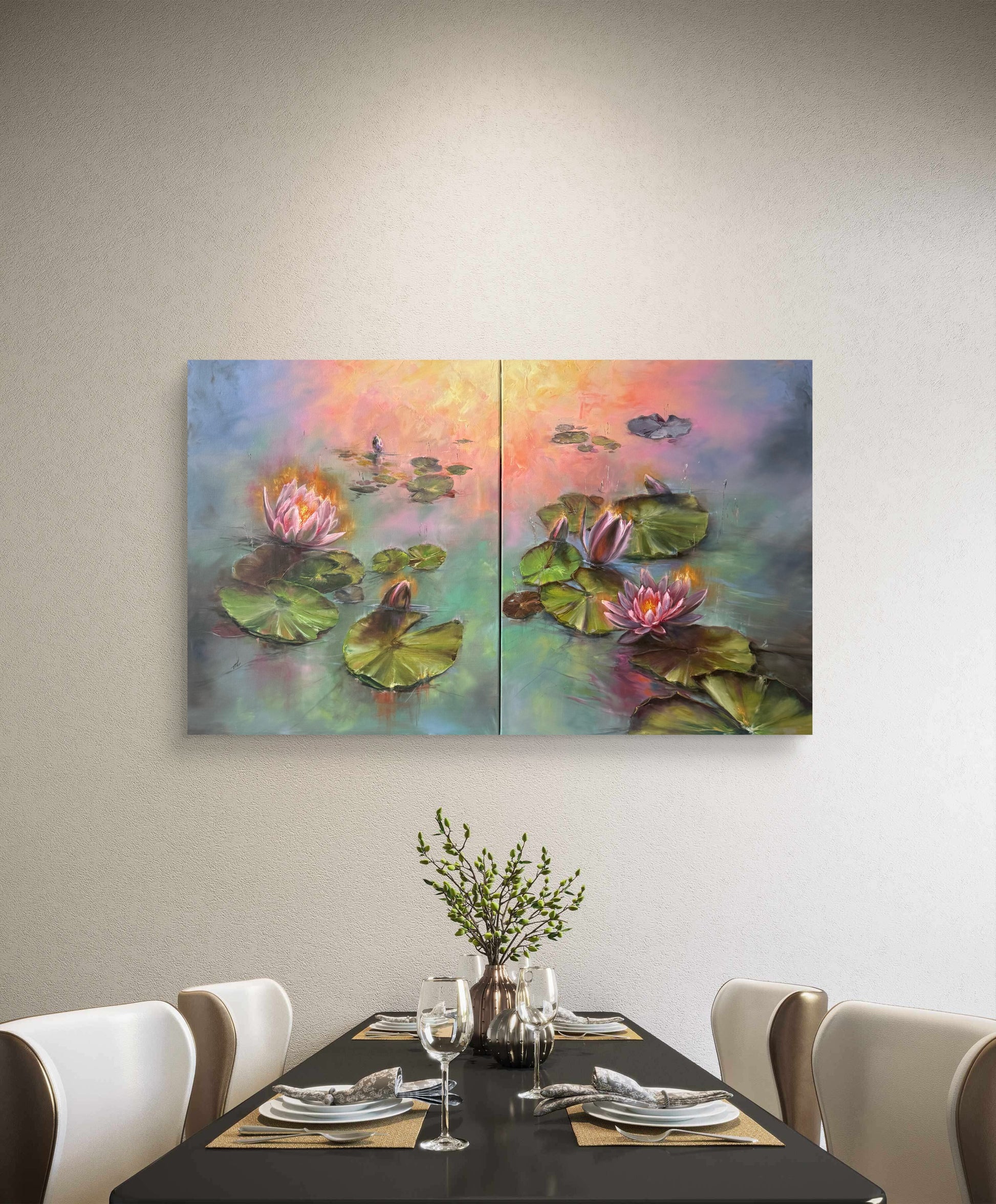 Two expressive paintings of water lilies on a wall above a dining table.