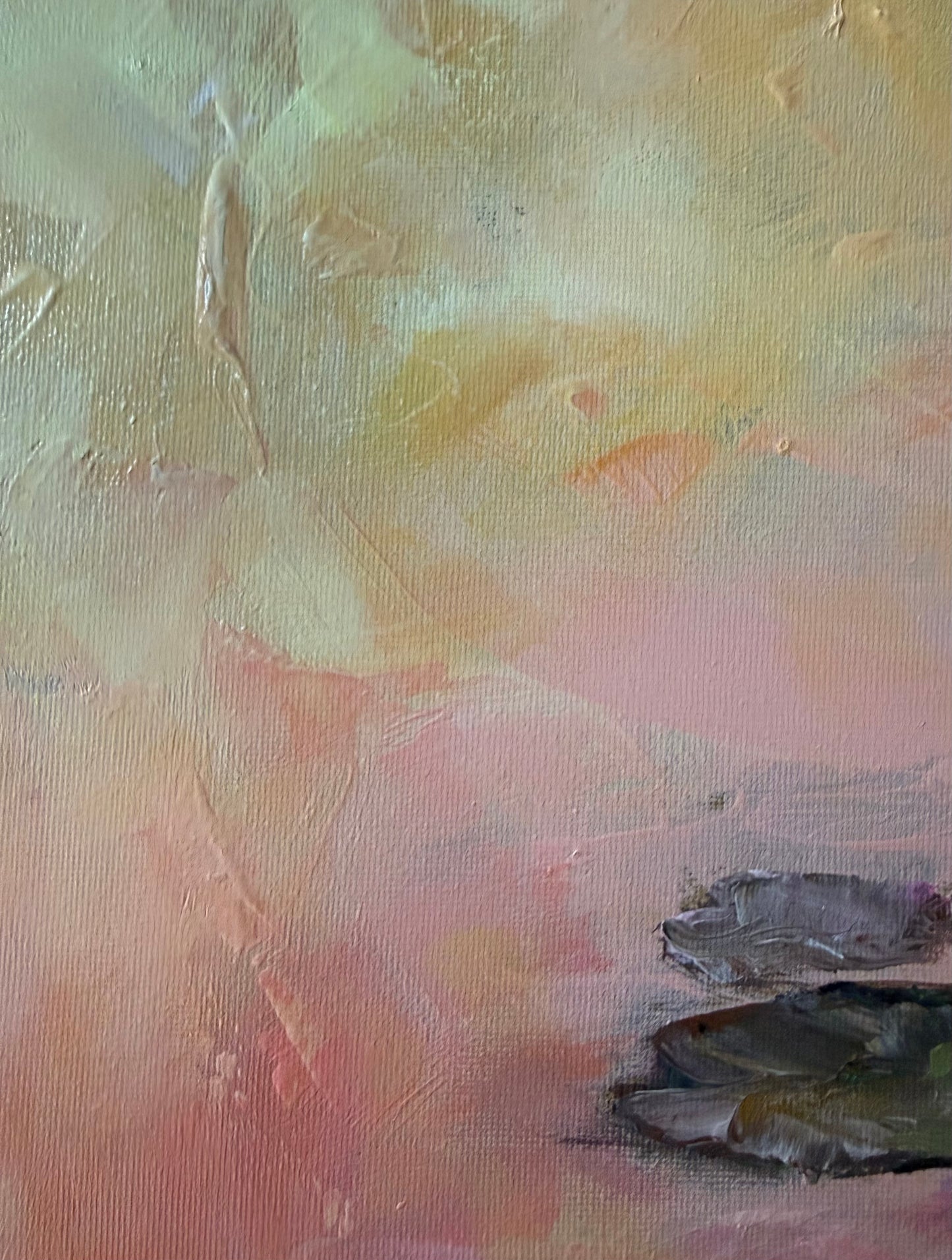 close-up of a lily pond water painting with soft pastel colors and textured surface