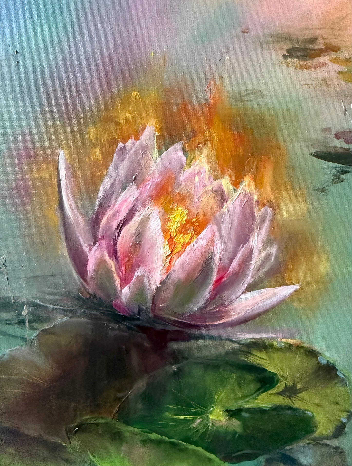 Close up of the water lily painting showing pink lily at sunrise.
