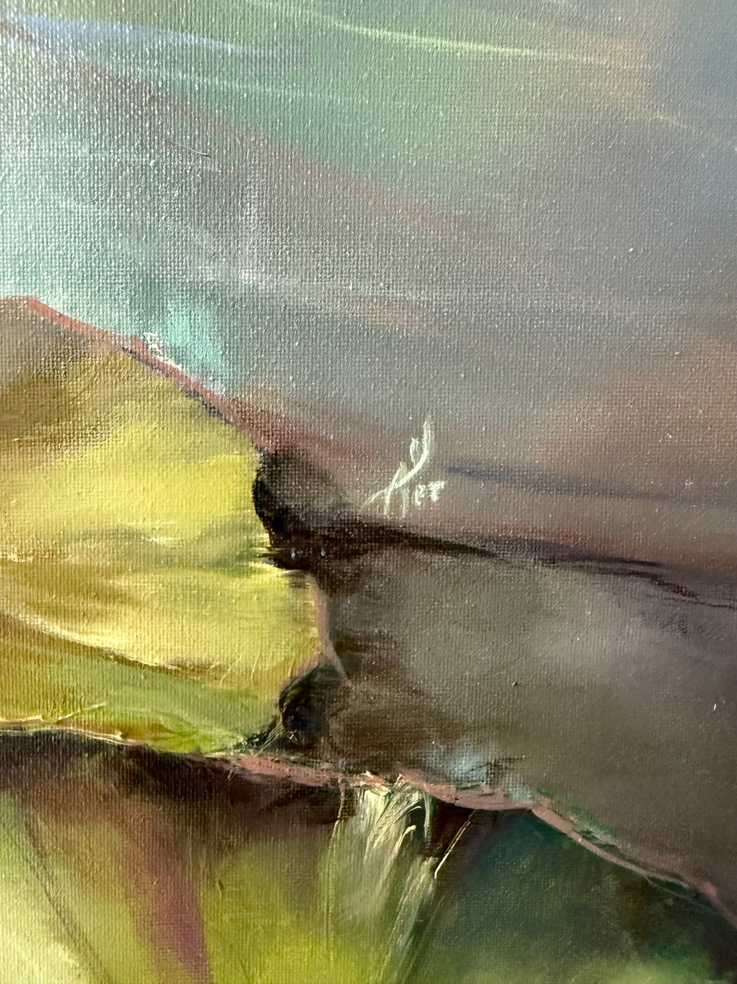 waterlily painting with a signature in the corner