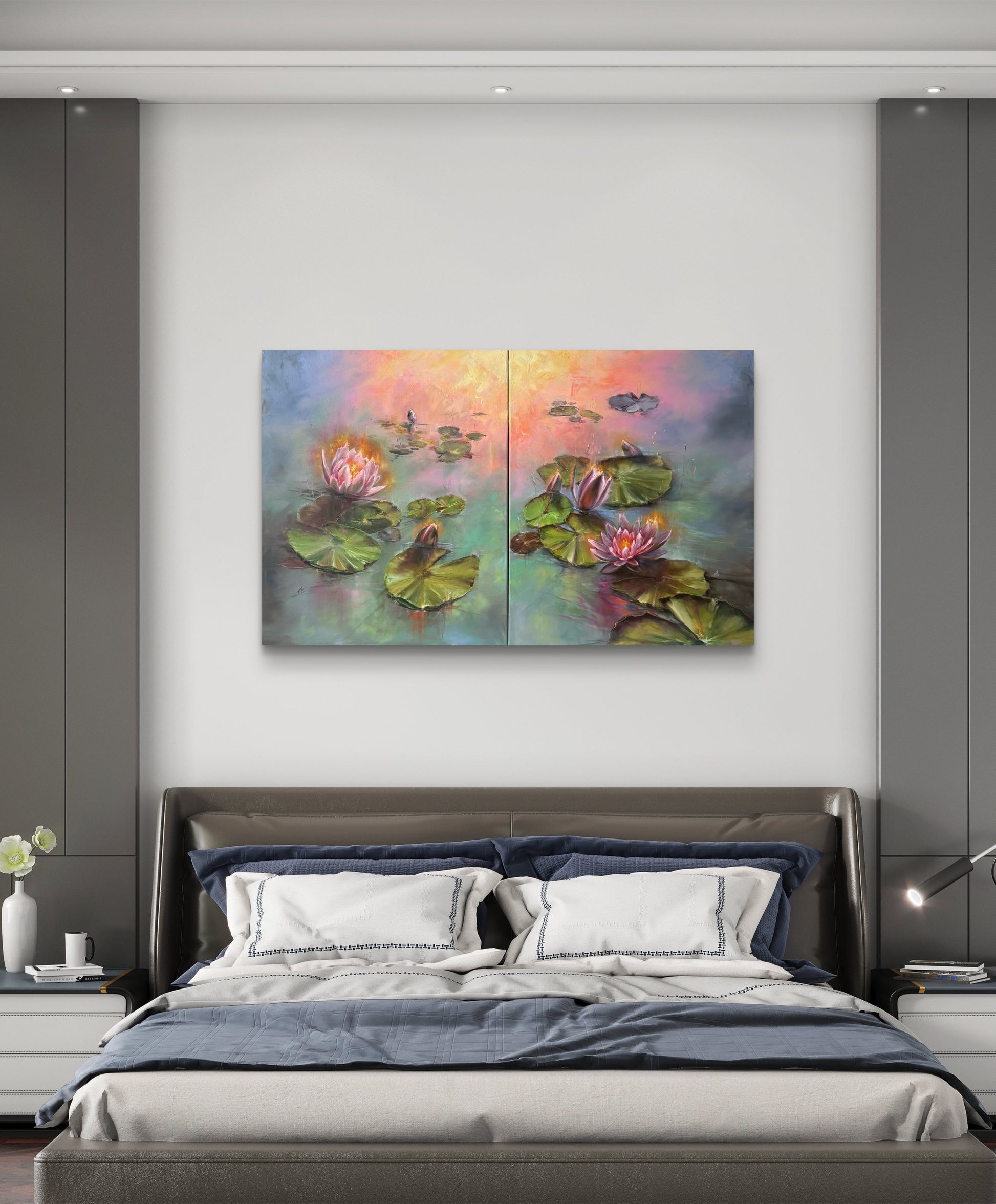 Bedroom with a large oil painting of water lilies on the wall above a bed.